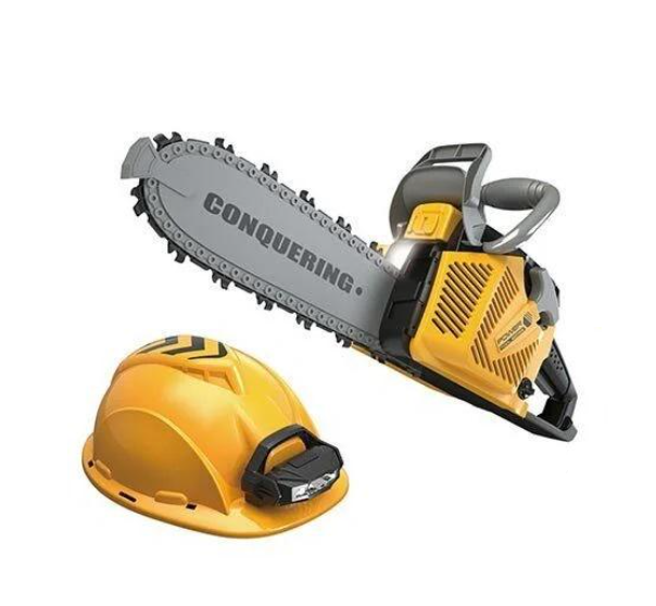 Набор пила игровая Power Tools цепная/каска с фонарем/звук/подсветка/на батарейках Yellow/Gray (150884)