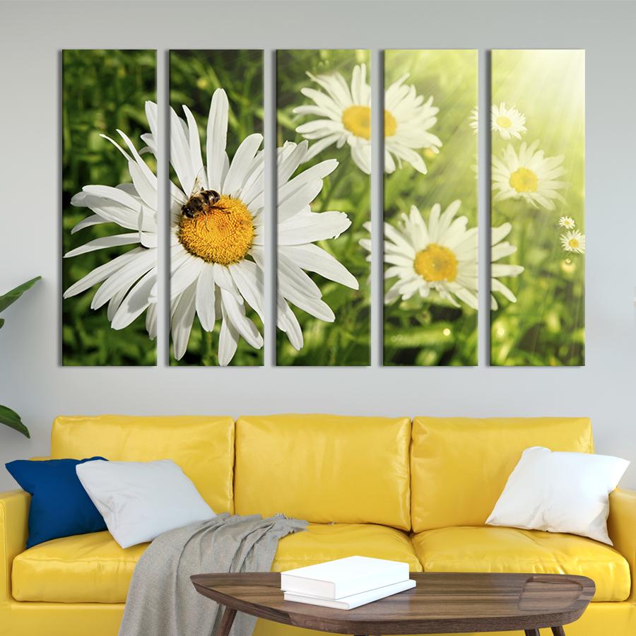 Модульна картина із 5 частин на холсті інтер'єрна картина Сніжні білі ромашки 155x95 см (229-51)