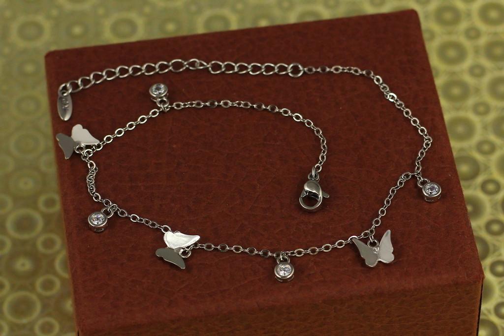 Браслет на ногу Xuping Jewelry бабочки и камешки 29 см Серебристый (2461615323)