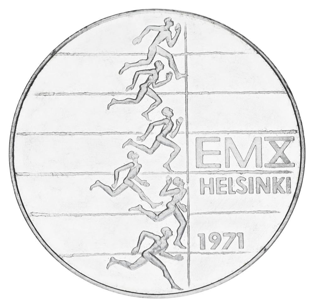 Коллекционная монета Финляндия 10 марок 1971 серебро F-VF Чемпионат Европы по легкой атлетике в Хельсинки 24,2 г (М19859)