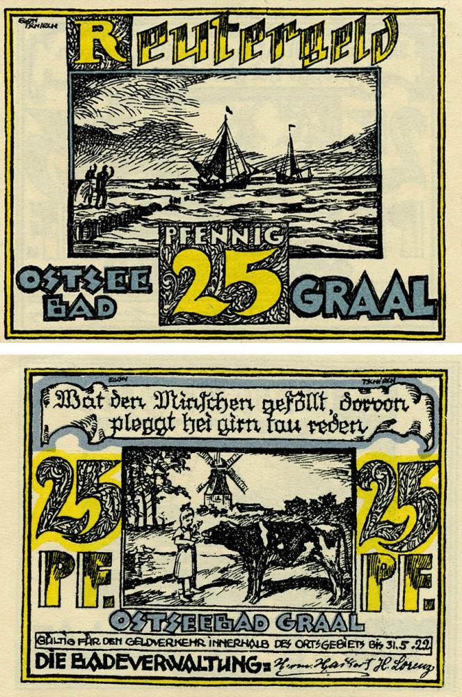 Коллекционная банкнота Германия Нотгельд 25 пфеннигов 1922 F-VF Остзебад Граль (Б18557)