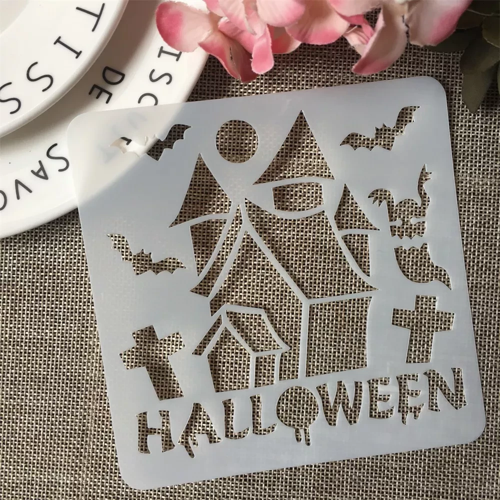 Трафарет на Хэллоуин Замок с летучими мышами 13х13 см Серый (7615/29)