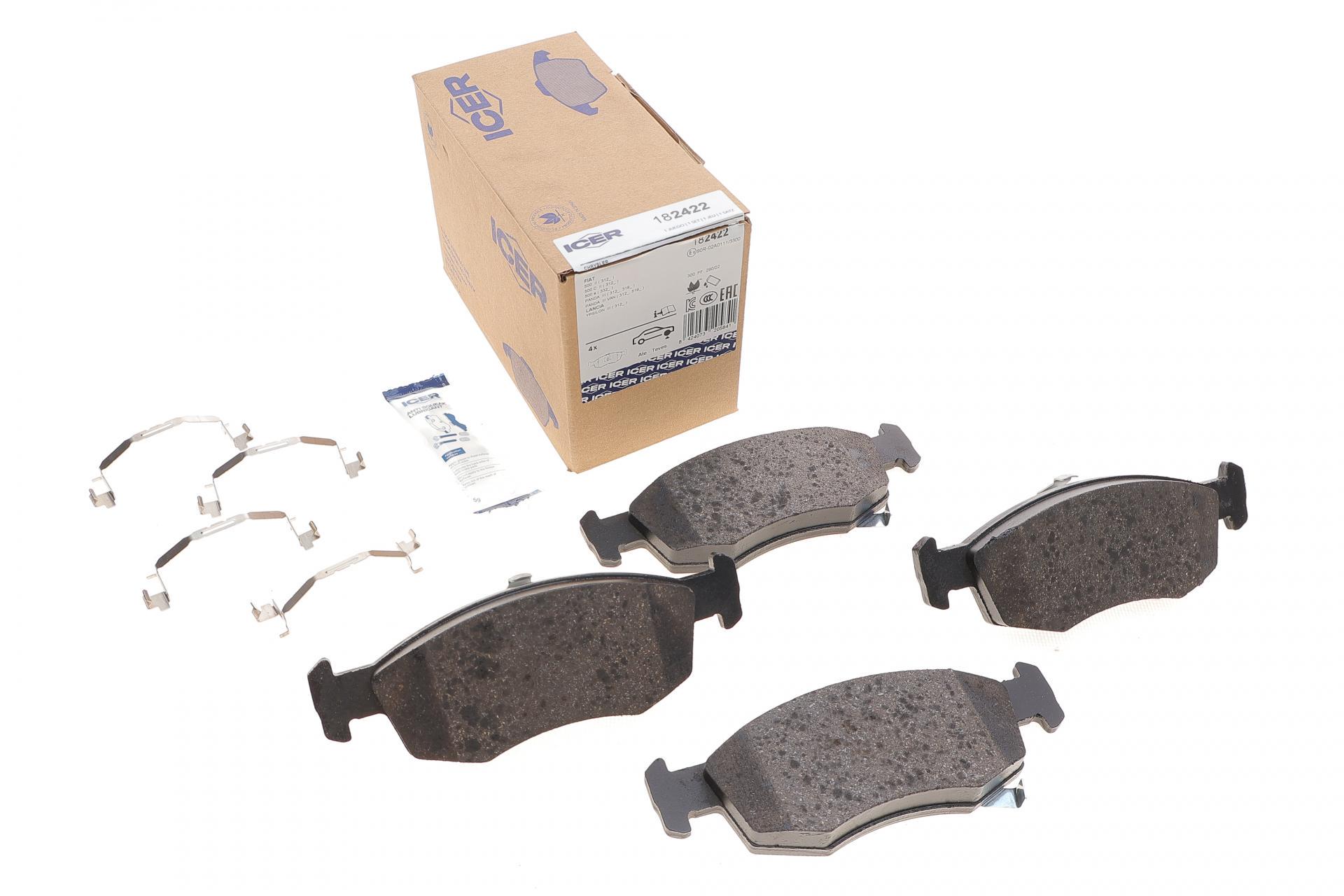 Тормозные колодки передние ICER для Fiat 500 07-/500C/500 e 20-/Panda 12- (182422)