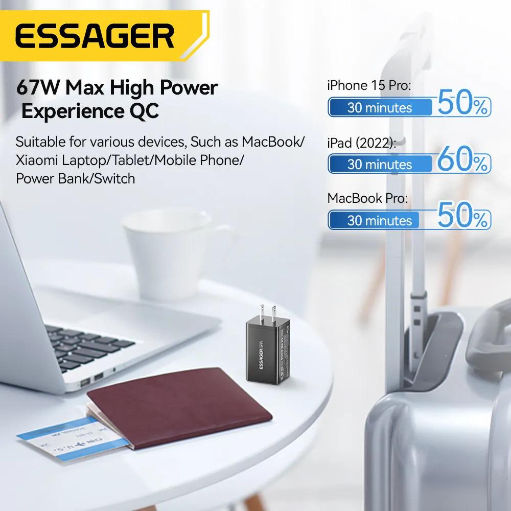 Зарядное устройство Essager 67W GaN Travel Charger JT-G67TC2U1 2 TYPE C USB A EU Black (ECTAC-KSB01-Z) - фото 6 Зарядное устройство Essager 67W GaN Travel Charger JT-G67TC2U1 2 TYPE C USB A EU Black (ECTAC-KSB01-Z) - фото 6