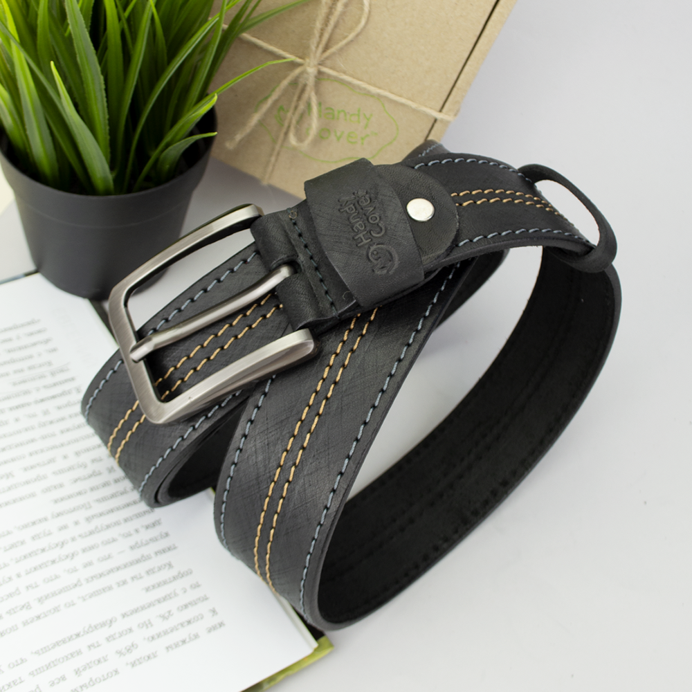 Ремень мужской кожаный SF-4001 винтажный с строчкой XXL 145 см Черный (2932369656)