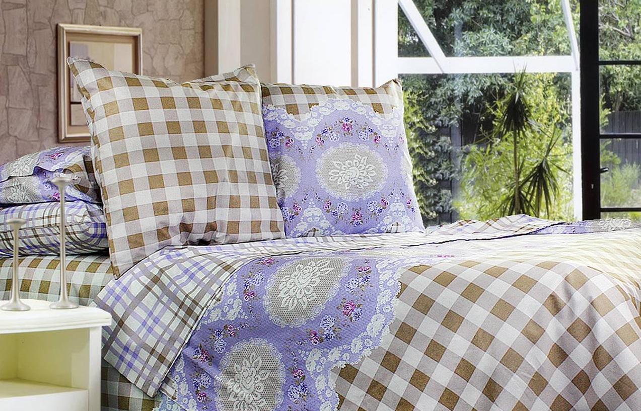Комплект постельного белья евро Еней-плюс Т0398 Бежевый/Фиолетовый