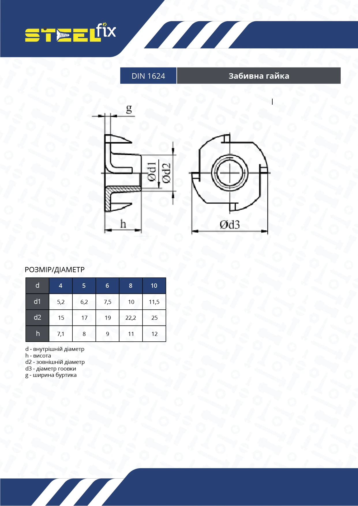 Гайка Steelfix М6х12 DIN1624 D7,5 забивна цинк D19 20 шт. (016892-20) - фото 2