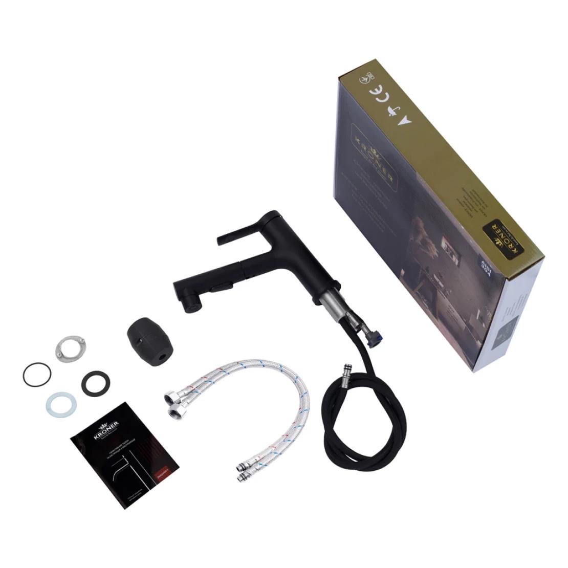 Смеситель для раковины Kroner KRP Edelstahl Klassisch SCH030-T врезной с выдвижным изливом Черный (CV032497) - фото 9