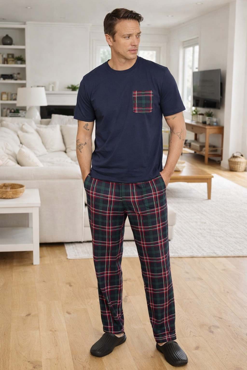 Піжама чоловіча бавовняна Cameron футболка та штани в клітину 2XL Темно-синій (PJ6163-4)