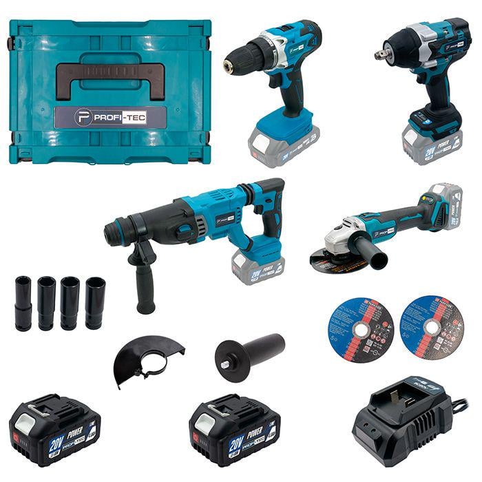 Аккумуляторный набор из 4х инструментов PROFI-TEC 20V PBH201BL/DTW800BL/DGA20BL/PCD2820V в наборе 2 диска/4 головки (007060)