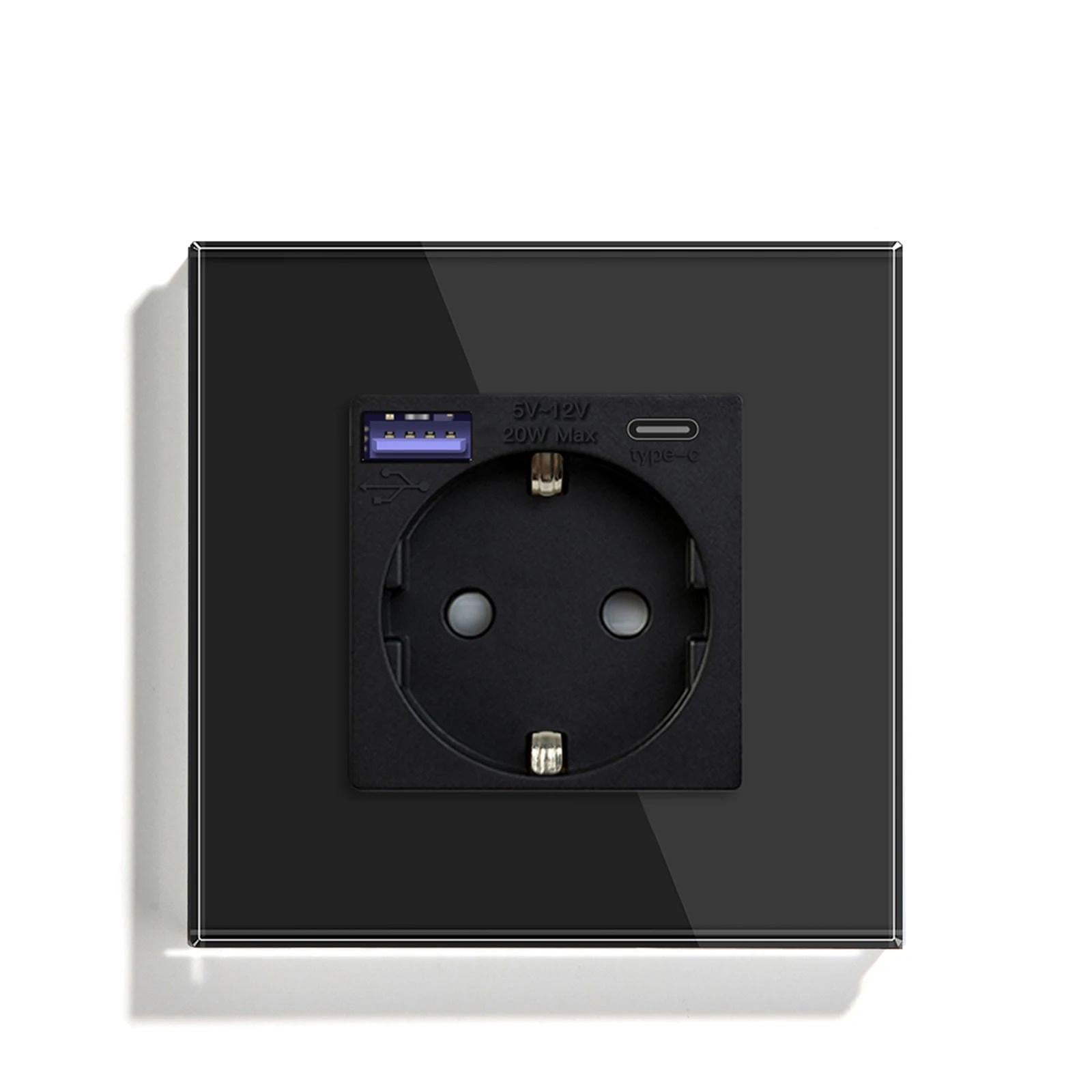 Розетка настенная LUXION с USB A+C 20Вт с заземлением сенсорная/ 250В 16А стеклянная рамка Черный (LX-GAC-BK)