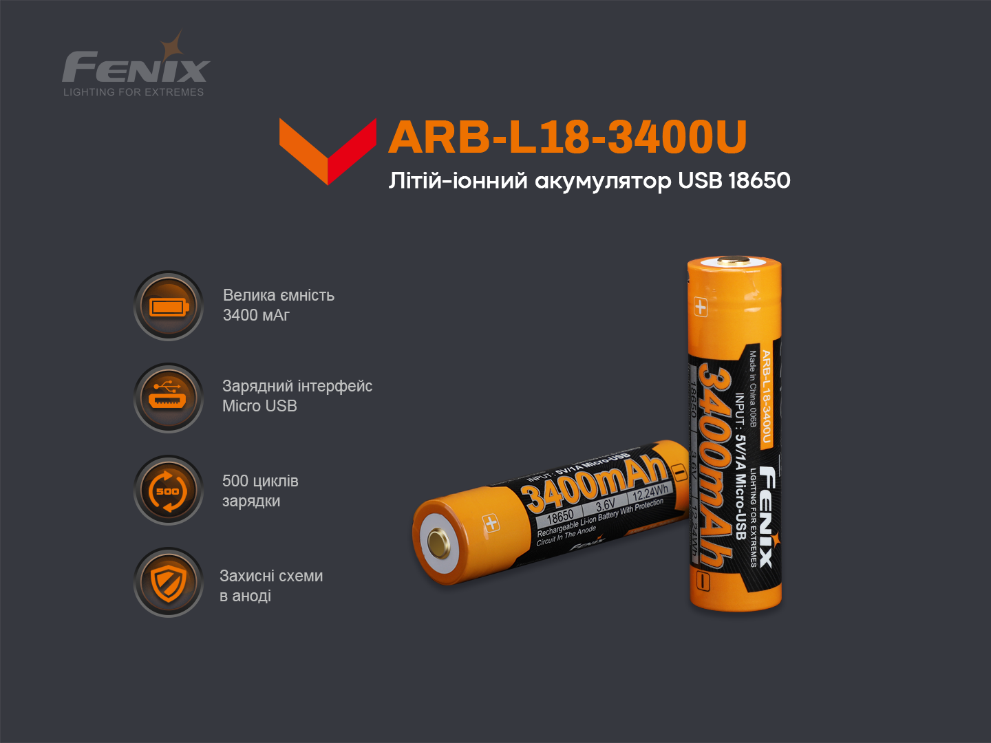 Аккумулятор Fenix 18650 3400 mAh 3,6V Li-ion с micro-USB зарядкой Черно-желтый - фото 6 Аккумулятор Fenix 18650 3400 mAh 3,6V Li-ion с micro-USB зарядкой Черно-желтый - фото 6