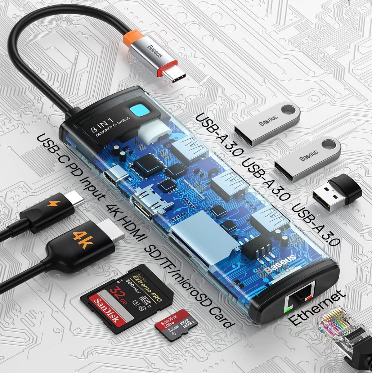 USB хаб BASEUS Metal Gleam Series 8in1 Multifunctional Type-C HUB Docking Station Gray (CAHUB-CV0G) - фото 8 USB хаб BASEUS Metal Gleam Series 8in1 Multifunctional Type-C HUB Docking Station Gray (CAHUB-CV0G) - фото 8