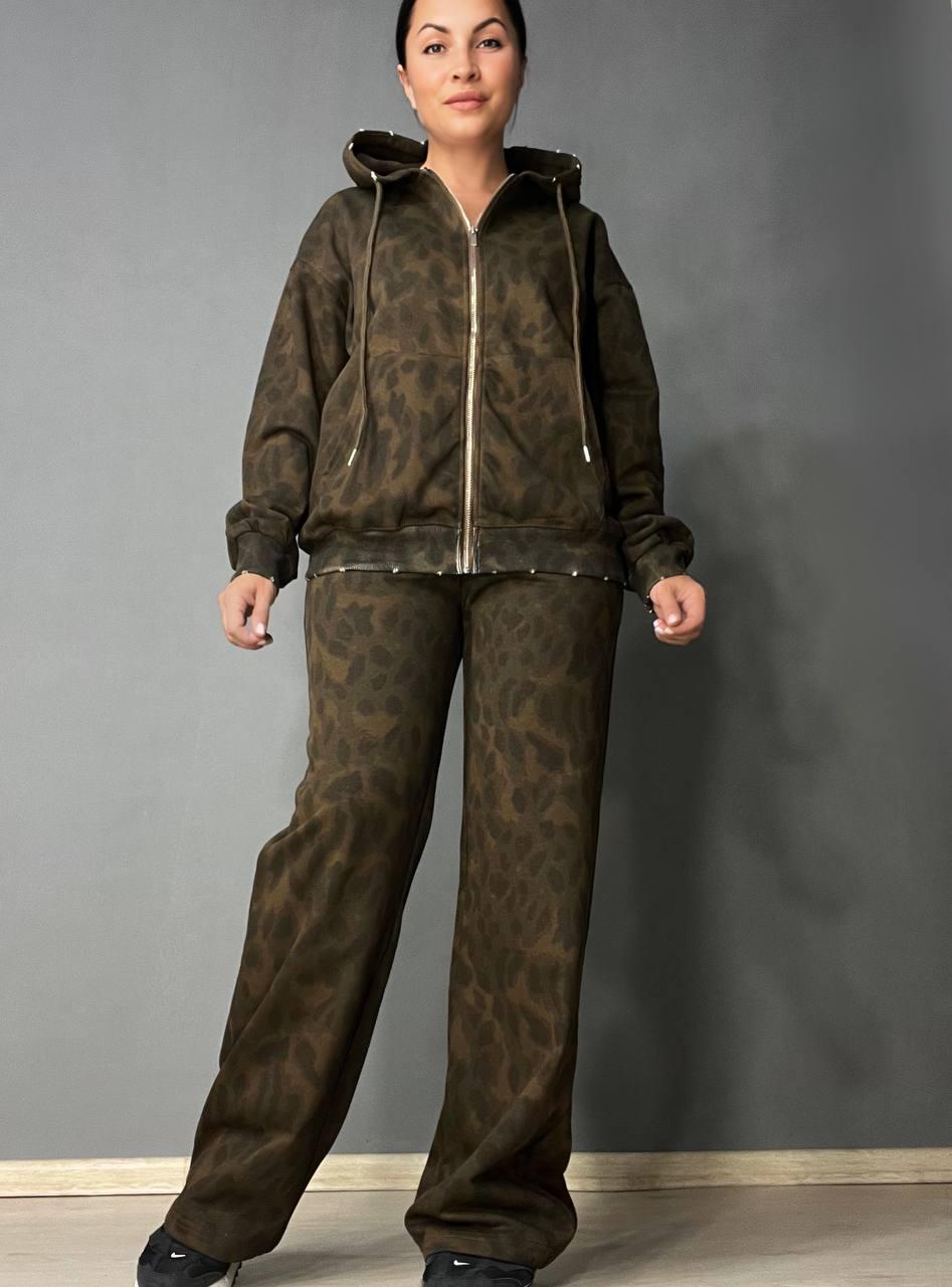 Костюм жіночий A-N 2749 худі капюшон брюки палаццо леопардовий принт тринитка L Коричневий (2744)