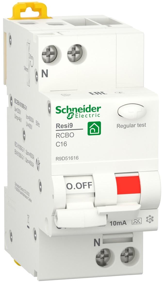 Диференційний вимикач Schneider Electric RESI9 1P+N 16A 10мA C тип А (R9D51616) - фото 1