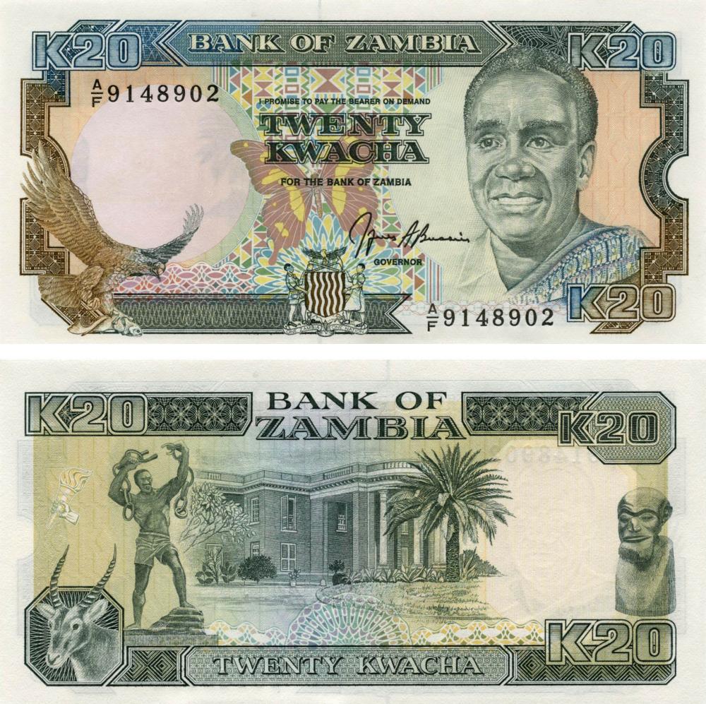Коллекционная банкнота Замбия 20 квача 1989-1991 UNC P32 (Б10266)