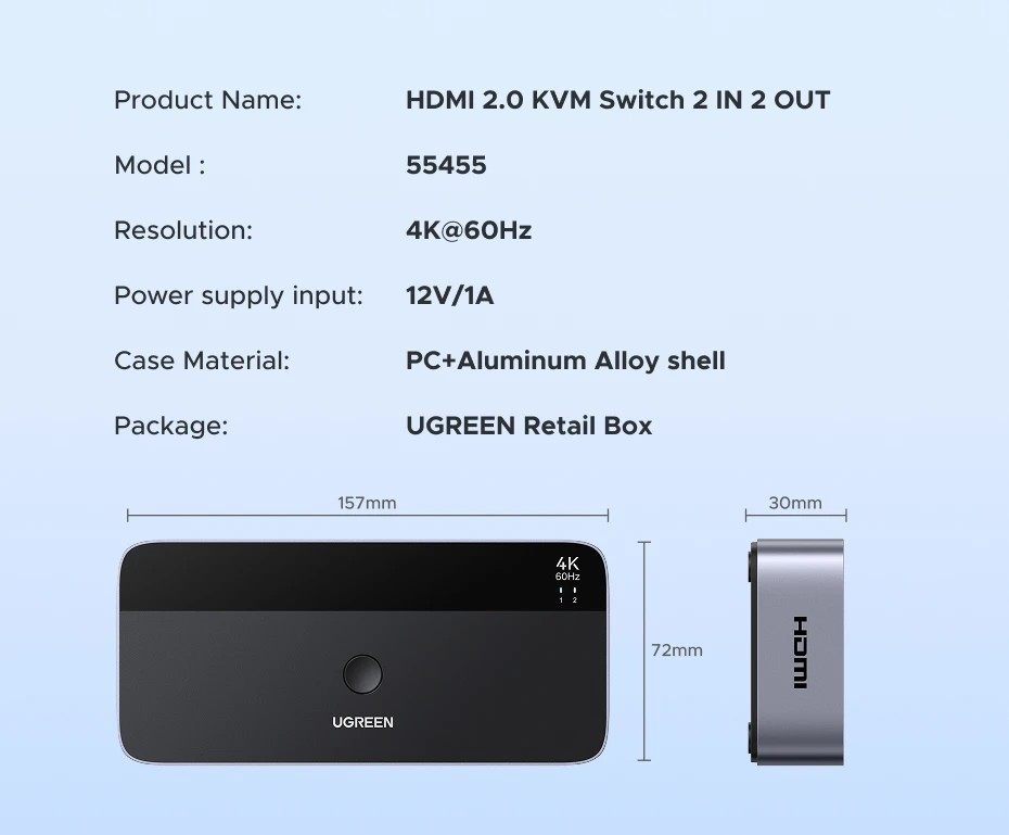 Коммутатор UGREEN HDMI-HDMI с поддержкой HDR 3D для 2 ПК Black (55455) - фото 20