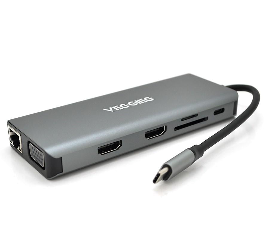 Хаб-конвертор Veggieg TC12 Type-C на Type-C+USB 3.0х4+HDMIх2+ jack3.5+SD/TF+RJ45