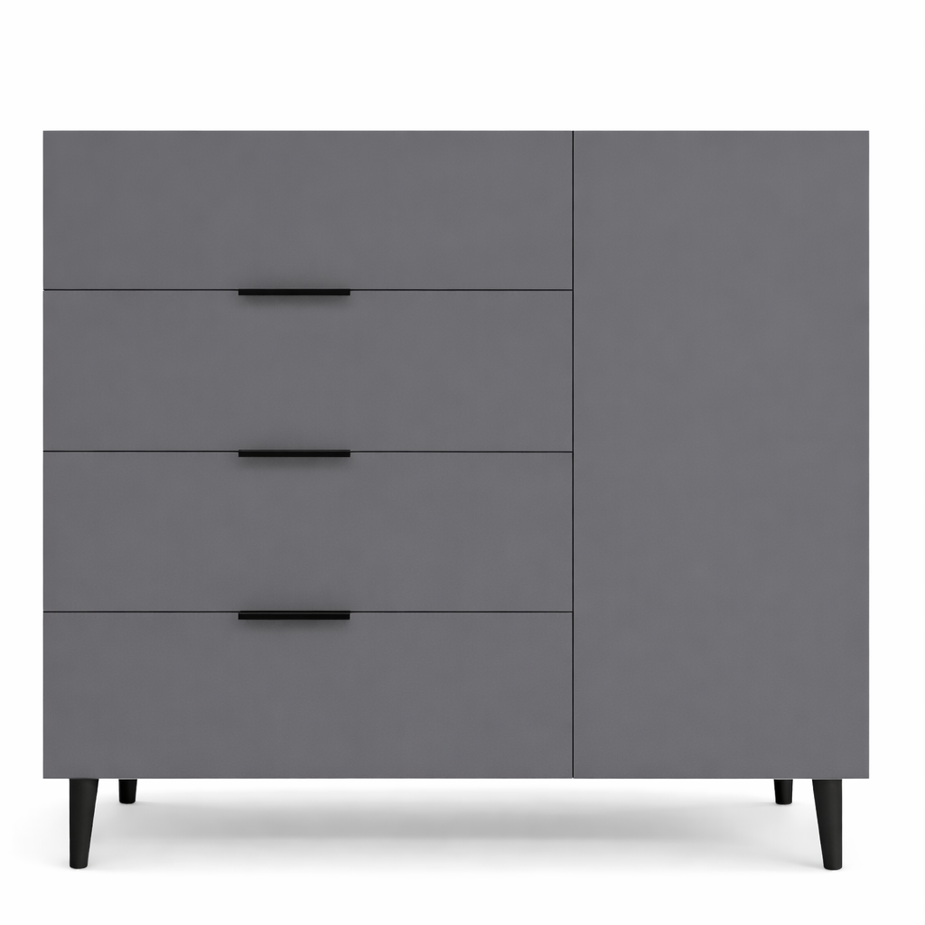 Комод с четырьмя ящиками и одной дверцей с внутренними полками на ножках (RM4B1F1100DGDG)