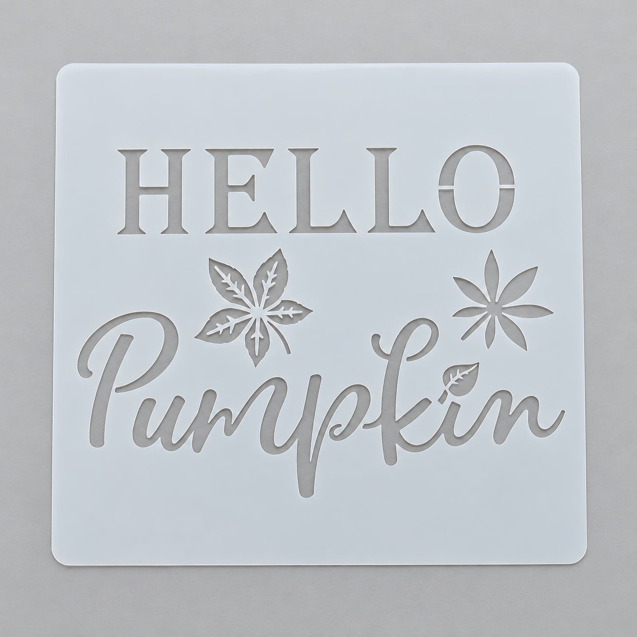 Трафарет на Хелловін з написом Hello Pumpkin та осіннім листям для декорування торта і випічки 15x15 см Сірий (218105) Трафарет на Хелловін з написом Hello Pumpkin та осіннім листям для декорування торта і випічки 15x15 см Сірий (218105)