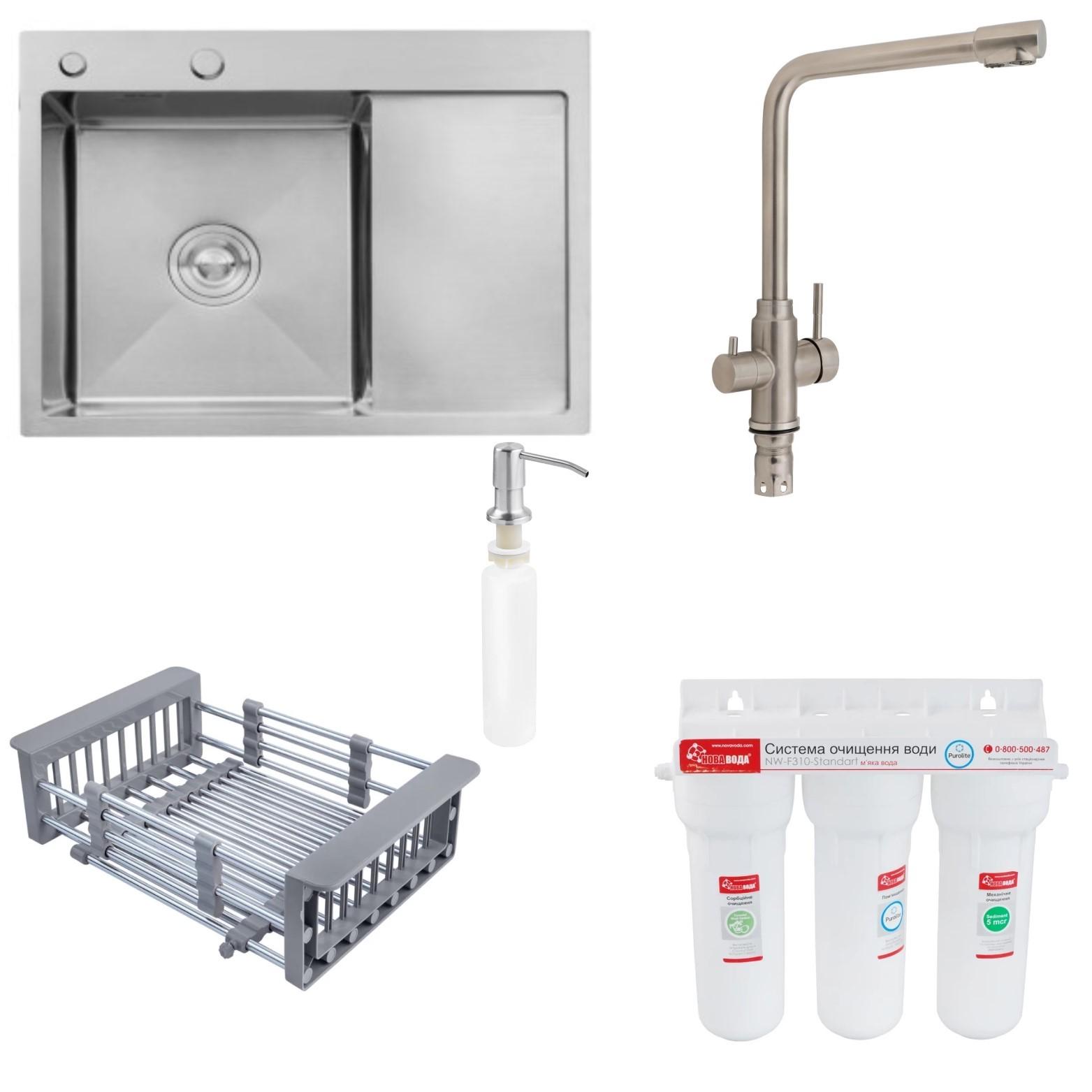 Комплект мийка Lidz H6350L 3,0/1,0 мм Сірий/змішувач для кухні Lidz Aria 020F1 з підключенням для питної води/фільтр питний (34941,30766)