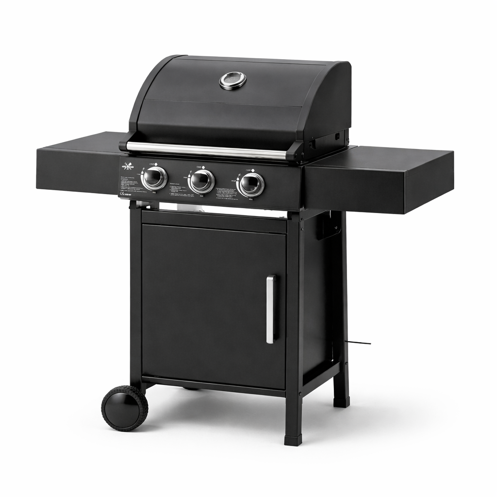 Гриль-барбекю газовый BBQ Meeting BBQ8076 3х2,7 кВт с редуктором с тремя конфорками передвижной Черный/Нержавеющая сталь