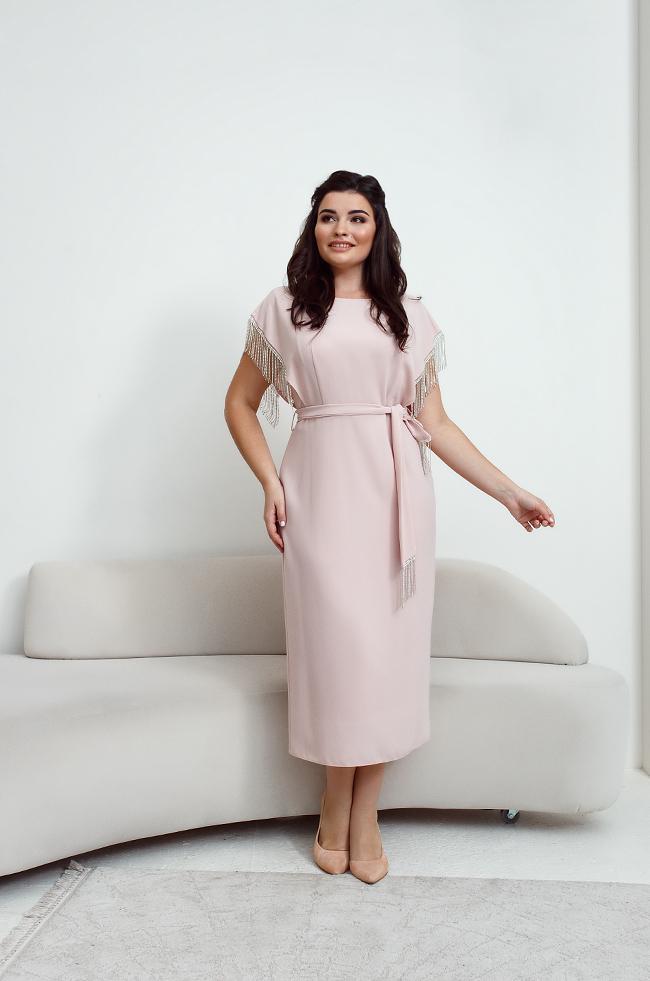 Платье Lipar 3560 меди с приспущенным рукавом и бахромой р. 52 Пудровый (16946152)