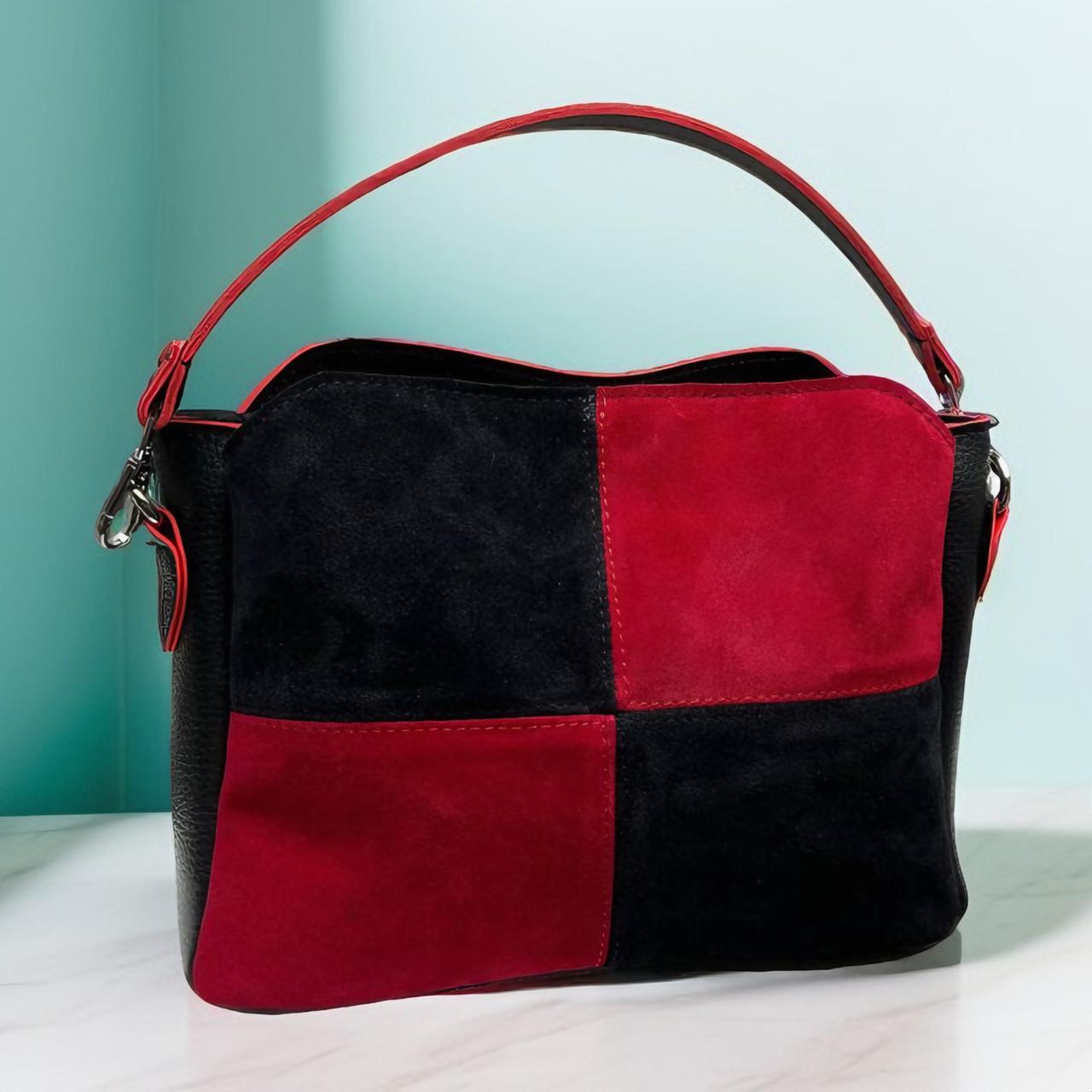 Сумка жіноча замшева через плече крос боді з широким ременем Чорний із червоним Сумка жіноча замшева через плече крос боді з широким ременем Чорний із червоним