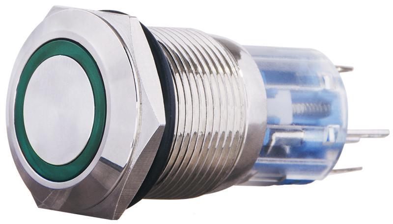 Кнопка TYJ 19-271 металлическая плоская с подсветкой 1NO+1NC 220V Зеленый (A0140010113)