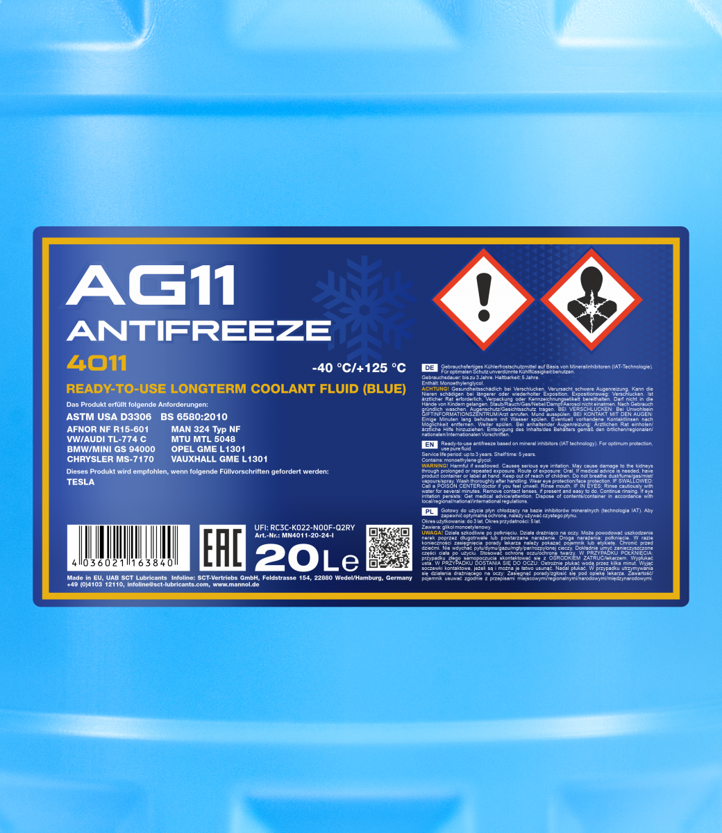 Антифриз Mannol 4011 Longterm Antifreeze AG11 -40°C готовий розчин 20 л Синій (MN4011-20) - фото 2