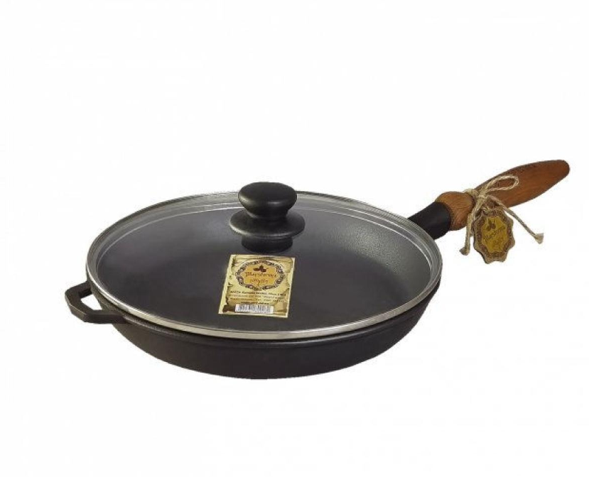 Сковорода Maysternya чавунна 24х4 см з дерев'яною ручкою зі скляною кришкою (Т302С3)