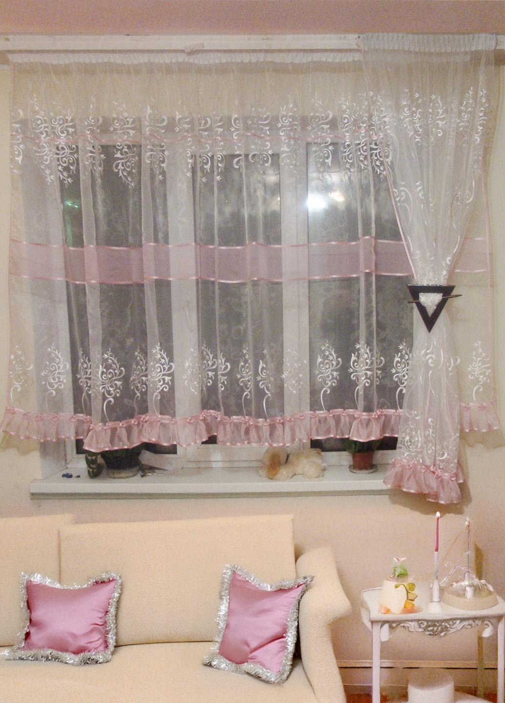 Комплект тюль с шторкой до подоконника Firanka Damask карниз 200 см Белый с с розовой оборкой (90_2к)