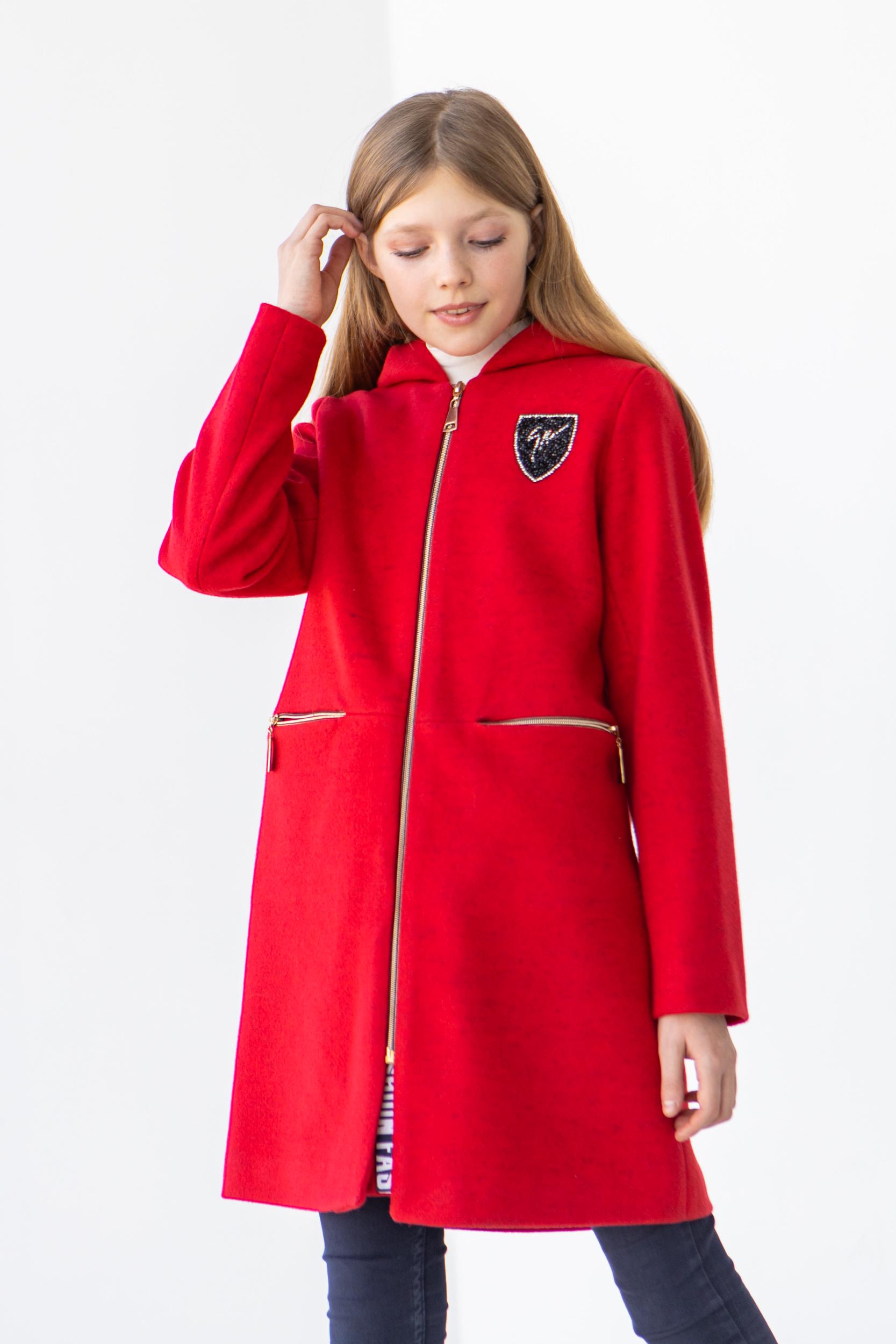 Полупальто демисезонное Diва на подкладке на девушку подростка с капюшоном 152 см Красный (728) - фото 2