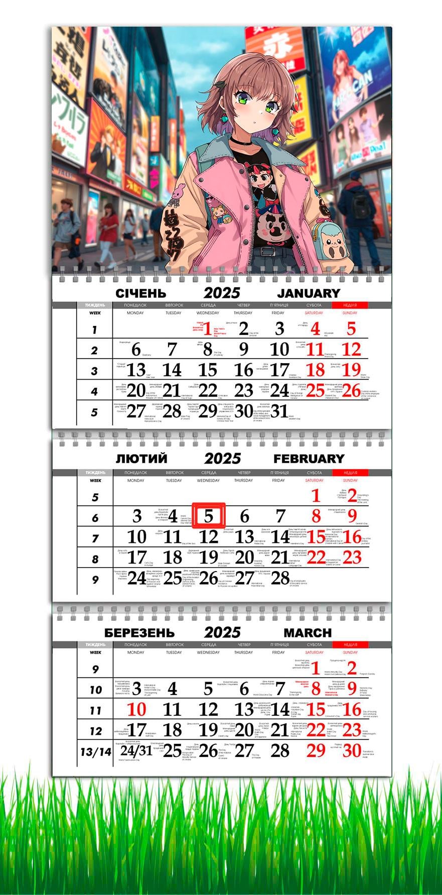 Календарь настенный квартальный на 2025 год APRIORI Аниме на 3 пружины 30х61 см (UA3052)