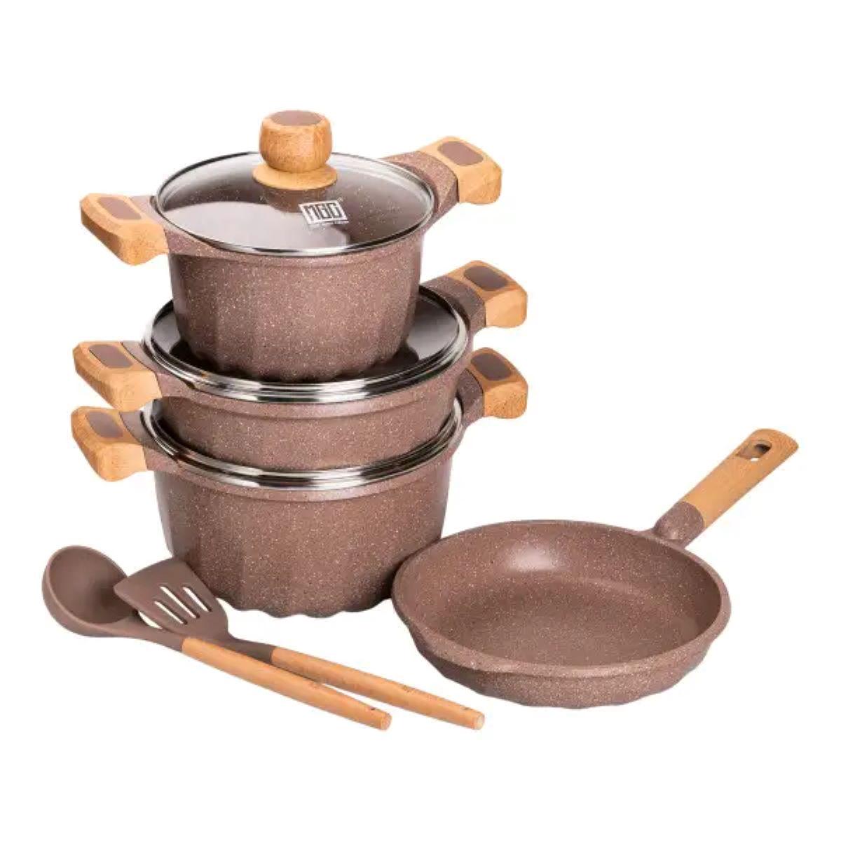 Набор посуды MGC кастрюли толстодонное алюминиевое дно с лопаткой и половником Кофейный (5136) - фото 3