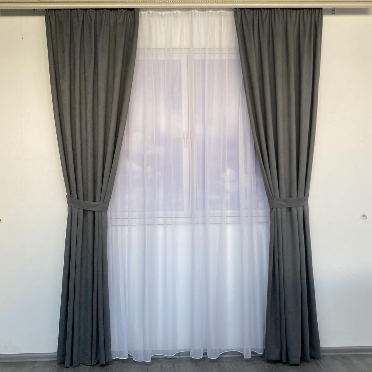 Штори готові однотонні мікровелюр з тюлем на тасьмі Сірий