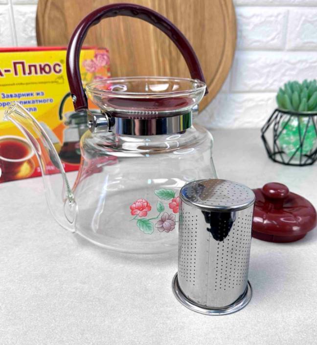Чайник стеклянный с металлическим ситечком 1,4л A-plus 1042 - фото 2