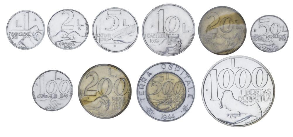 Набор коллекционных монет Сан-Марино 10 шт. 1991 UNC 1/2/5/10/20/50/100/200/500/1000 лир из серебра (М23377)