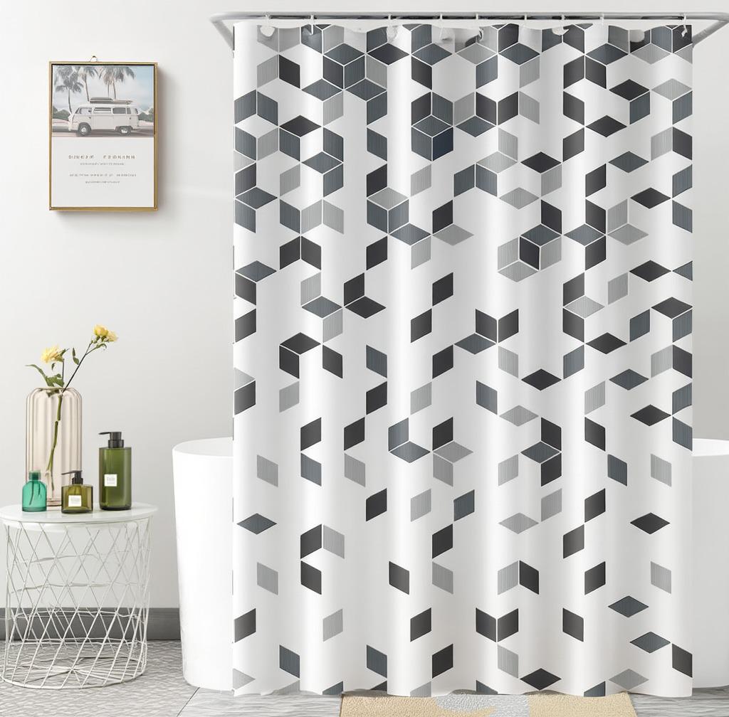 Шторка для ванной и душа с кольцами водоотталкивающая с крючками с серым принтом 180x180 см Белый Шторка для ванной и душа с кольцами водоотталкивающая с крючками с серым принтом 180x180 см Белый