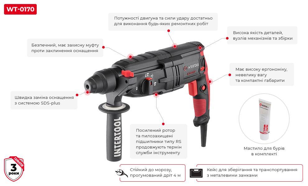 Перфоратор Intertool WT-0170 1000 Вт 3,2 Дж 0-1300 об./хв. 0-5100 уд./хв. 3 режими - фото 2