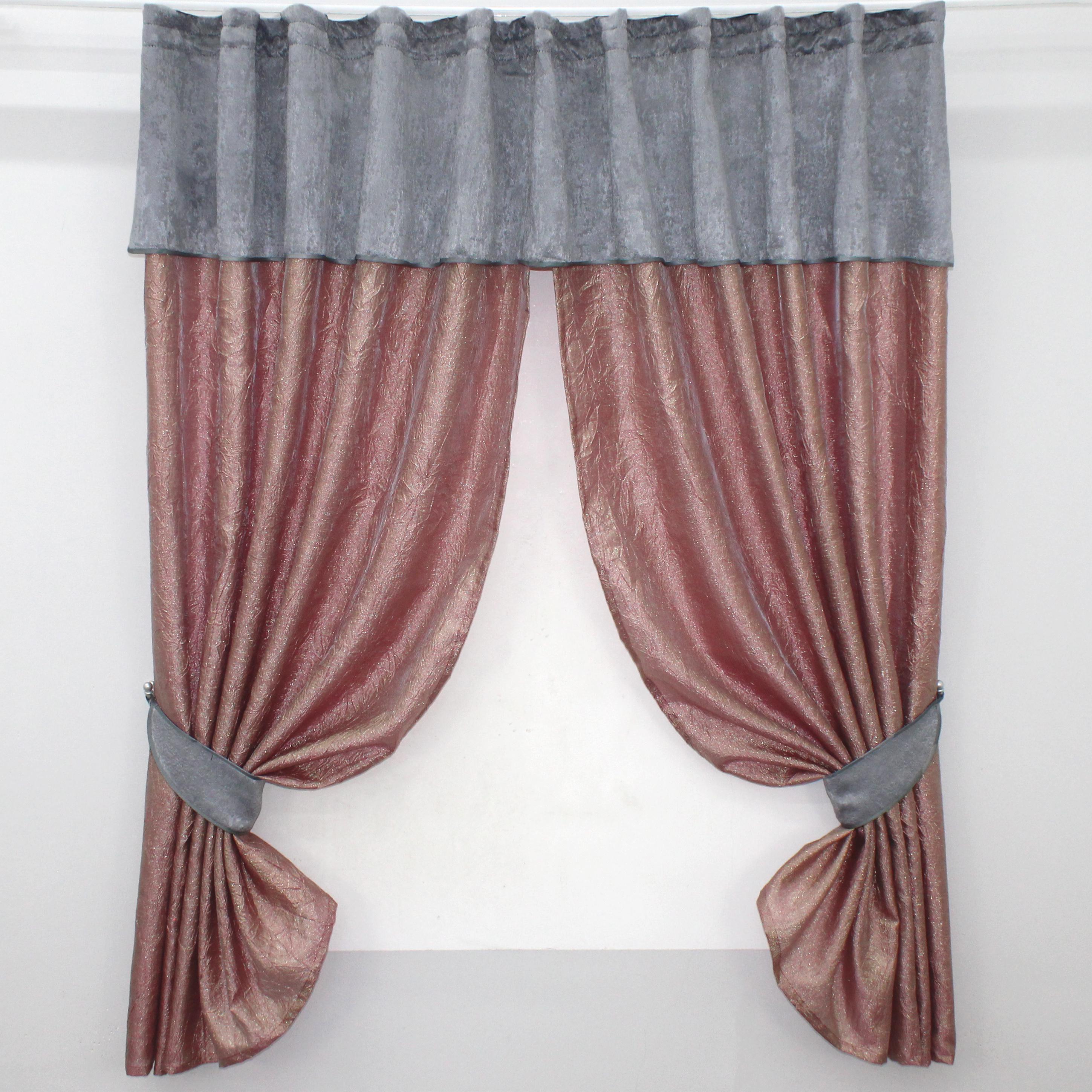 Шторы кухонные VR-Textil № 073к с ламбрекеном и подхватами 275х170 см Розовый/Золотистый/Серый (52-0364)