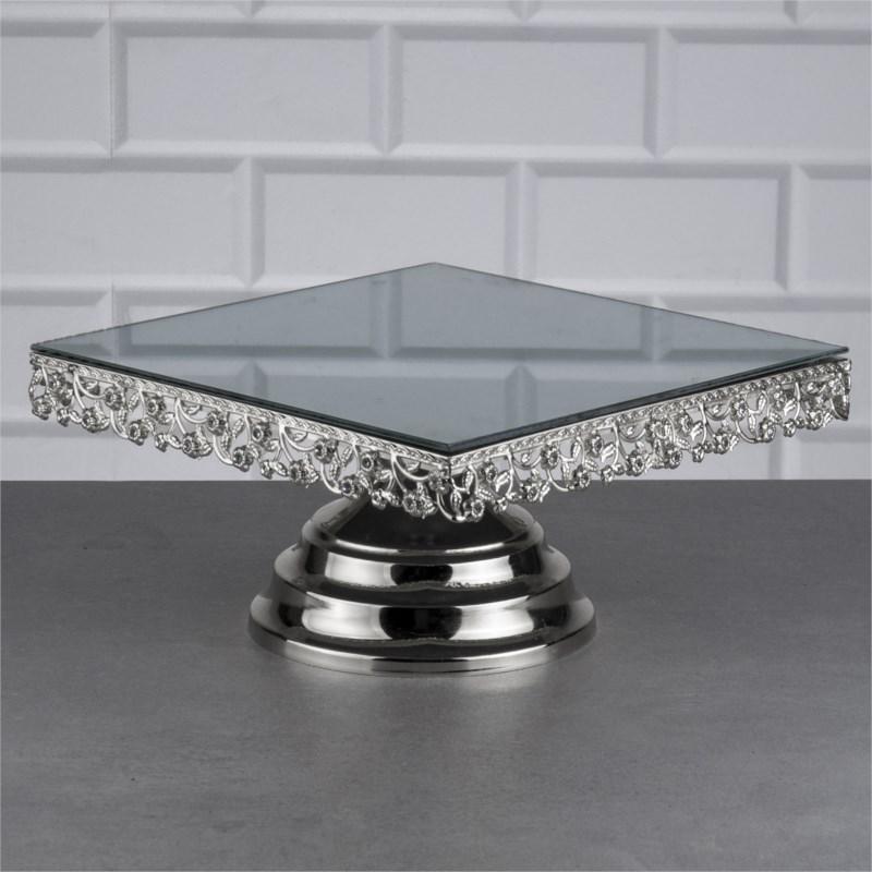 Блюдо-тортовница на ножке металлическая с камнями с зеркальной основой 24х24x13 см Серебро (88G)