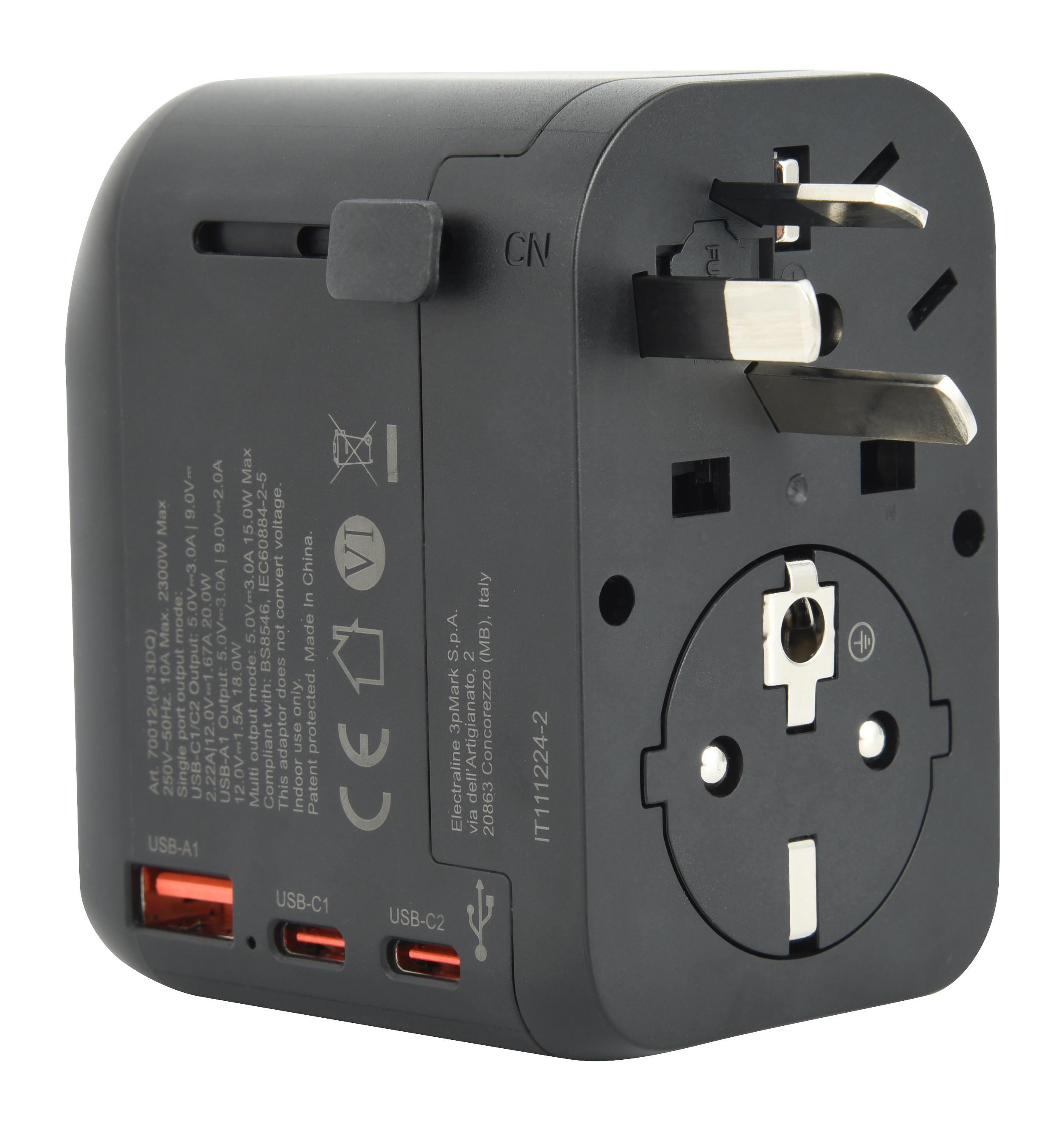 Адаптер подорожній Electraline 16A 2хUSB-C PD 20 Вт /1хUSB-A 18 Вт Чорний - фото 6 Адаптер подорожній Electraline 16A 2хUSB-C PD 20 Вт /1хUSB-A 18 Вт Чорний - фото 6