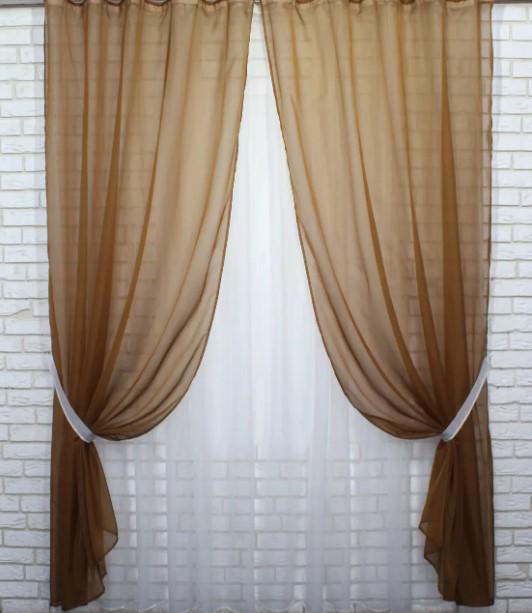 шторы в гостиную/спальню с подвязками шифон 4х2,7 м/тюль 1,5x2,7 м 2 шт. Молочный/Коричневый (022дк)