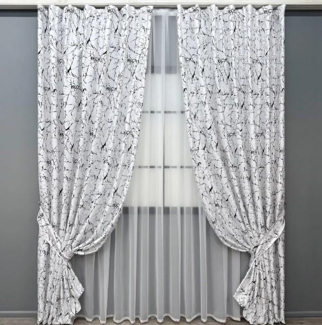 Шторы в гостиную/спальню Royal Textile лен мрамор 1,5х2,7м 2 шт. Белый/Черный (2000ш 33-0968)