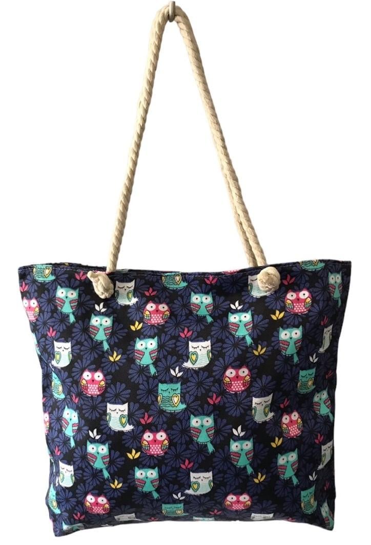 Сумка пляжная женская летняя из ткани на молнии с совами Синий (030)
