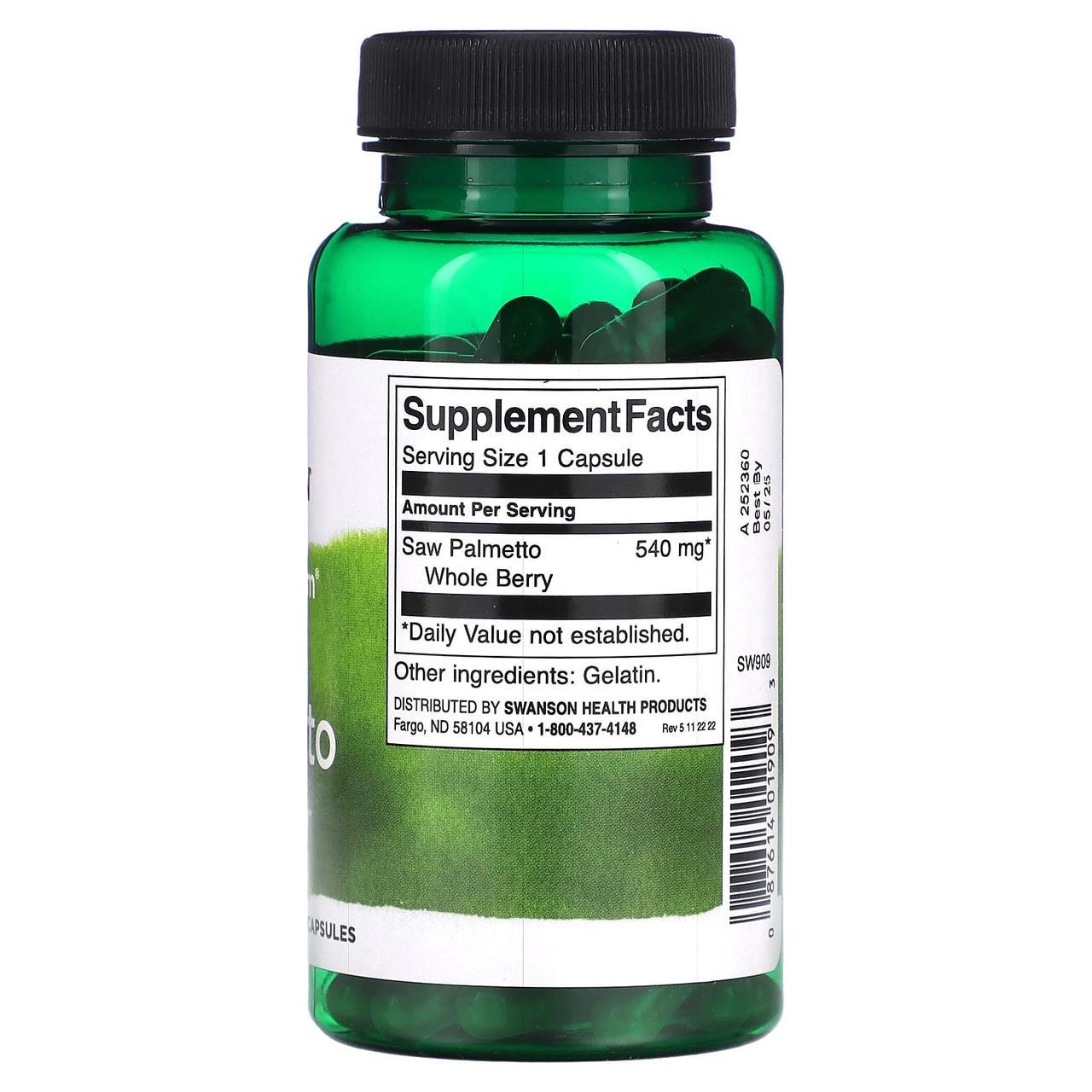 Ягоди пальми сереноя Swanson Saw Palmetto Со пальметто 540 мг 100 капс. (2238934693) - фото 2