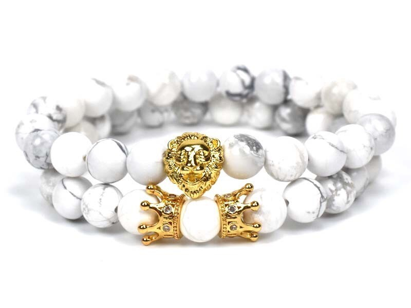 Комплект браслетів з кахолонгу з коронами та золотим левом р. 14 (12005)