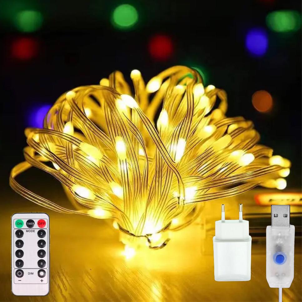 Гирлянда светодиодная нить Роса Люкс с пультом от USB и сети 220V 100 LED 8 режимов IP65 10 м Теплый белый