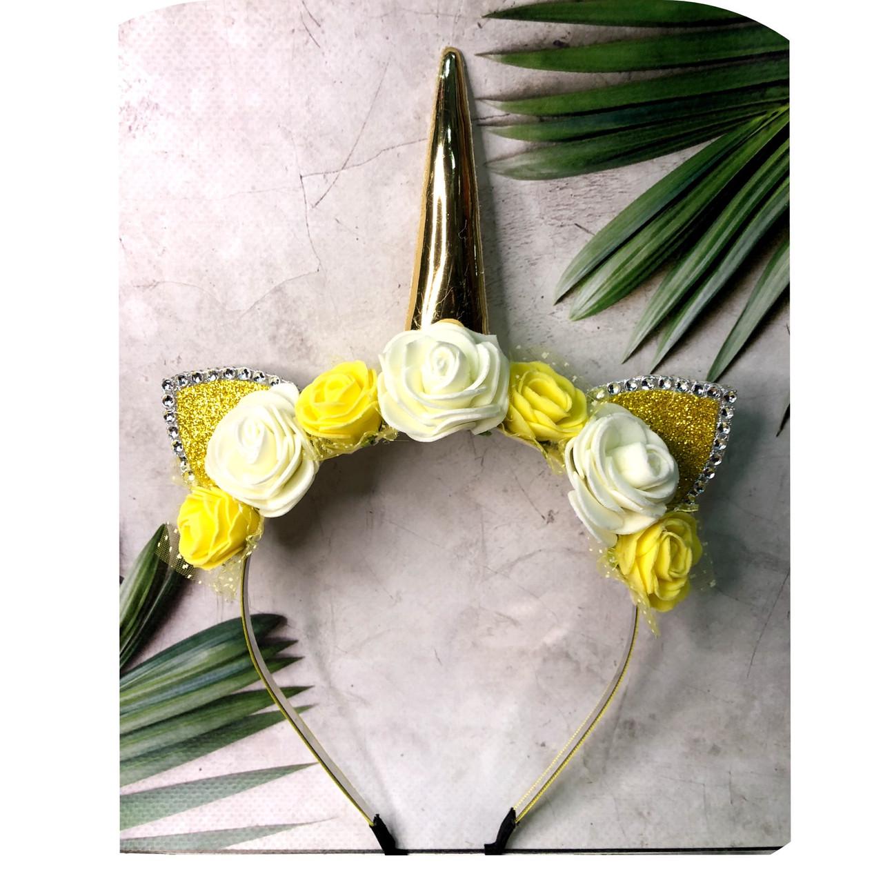 Обруч с Рогом, ушками и цветами из фоамирана Белый с желтым (7417891)